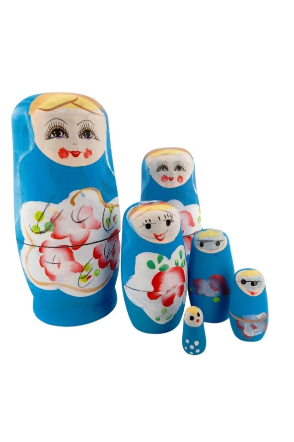 Ahşap Matruşka Bebek 6 lı Set Mavi - Resim 5