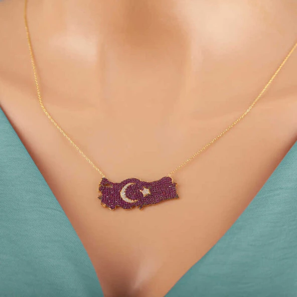 Gümüş Gold Ay Yıldız Türkiye Haritası Kadın Kolye ürün görseli 1