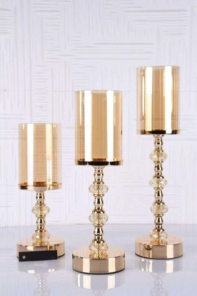 Kristal Taşlı Ayaklı Gold Şamdan Mumluk Kaliteli 3'lü Set -6010 ürün görseli 1