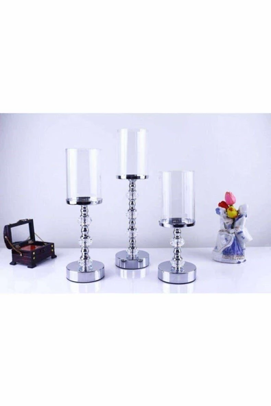 Kristal Taşlı Ayaklı Metal Şamdan Mumluk Kaliteli 3'lü Set --6010 ürün görseli 1