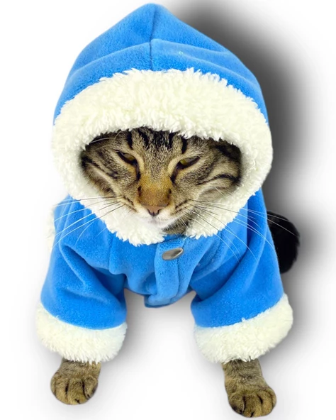 Blue Furry Kapşonlu Sweatshirt Ceket Kedi Süeteri Kıyafeti ürün görseli 1