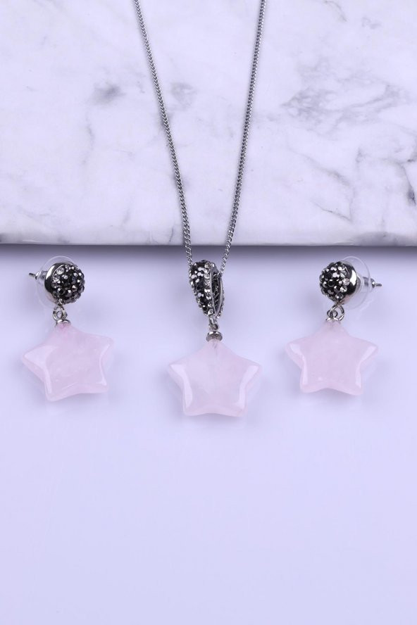 Pembe Kuvars Doğal Taş Kolye - Küpe 2li Set ürün görseli 1