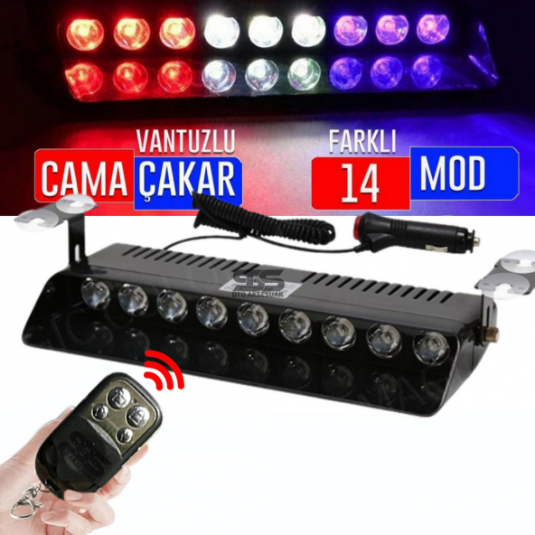 Kumandalı Polis Çakarı Cam İçi Vantuzlu 9 Led Kırmızı Mavi Beyaz Çakmaklık Girişli Ön Arka Cam ürün görseli 1