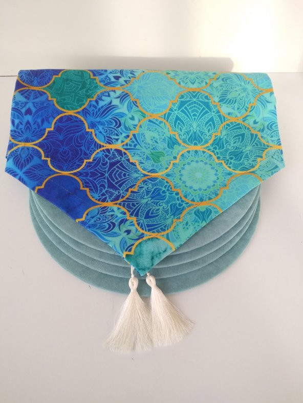 Ayşemce Mavi Kupa Desenli runner, 4 mint yeşili renk supla ürün görseli 1