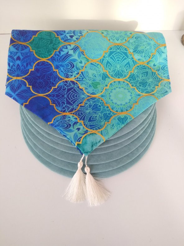 Ayşemce Mavi Kupa Desenli runner, 6 mint yeşili renk supla ürün görseli 1