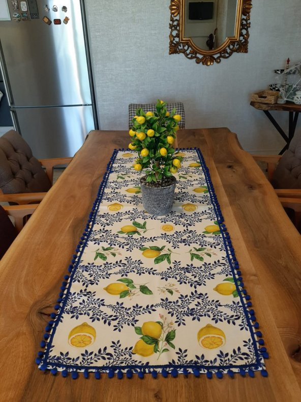 Ayşemce amerikan servis limon desenli koyu mavi ponponlu dikdörtgen runner ürün görseli 1