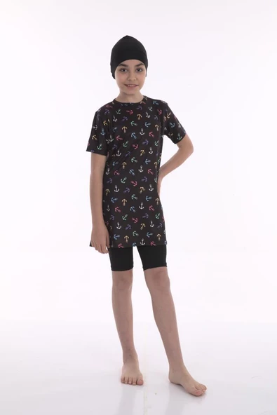 Form Angel Kız Çocuk Desenli Kısa Kollu Tesettür Mayo 1904-2 ürün görseli 1