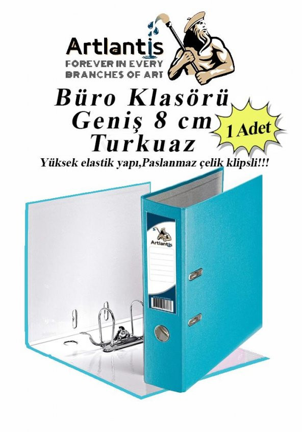 Büro Klasörü Turkuaz Geniş 1 Adet Plastik Geniş Turkuaz Klasör Halkalı Paslanmaz Çelik Klipsli 1 Adet ürün görseli 1