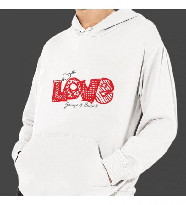 Kişiye Özel Love Temalı Sevgiliye Özel Kapşonlu Beyaz Unisex Sweatshirt HK2519 ürün görseli 1