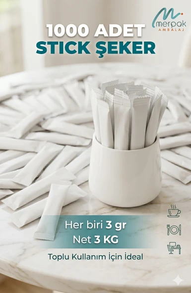 Stick Şeker 3 Gr x 1000'li Beyaz Baskısız Toz Şeker ürün görseli 1
