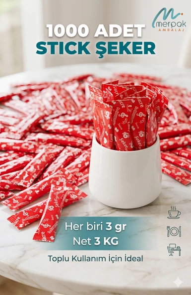 Stick Şeker 3 Gr x 1000'li Kırmızı Baskılı Toz Şeker ürün görseli 1