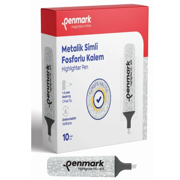 Penmark Fosforlu Kalem Metalik Simli Gümüş 1-5 MM Kesik Uçlu İşaretleme Kalemi (10 Lu Paket) ürün görseli 1