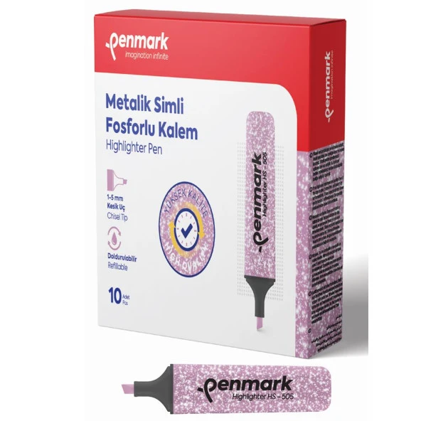 Penmark Fosforlu Kalem Metalik Simli Pembe 1-5 MM Kesik Uçlu İşaretleme Kalemi (10 Lu Paket) ürün görseli 1