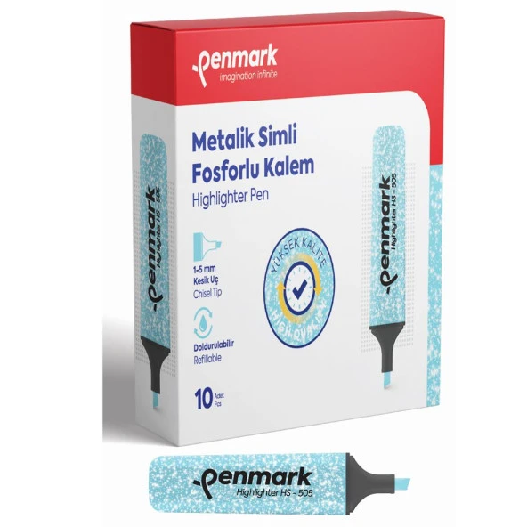 Penmark Fosforlu Kalem Metalik Simli Açık Mavi 1-5 MM Kesik Uçlu İşaretleme Kalemi (10 Lu Paket) ürün görseli 1
