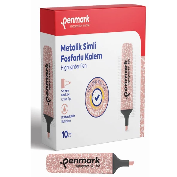 Penmark Fosforlu Kalem Metalik Simli Bronz 1-5 MM Kesik Uçlu İşaretleme Kalemi (10 Lu Paket) ürün görseli 1