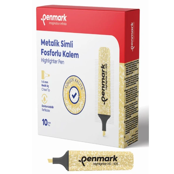 Penmark Fosforlu Kalem Metalik Simli Gold 1-5 MM Kesik Uçlu İşaretleme Kalemi (10 Lu Paket) ürün görseli 1