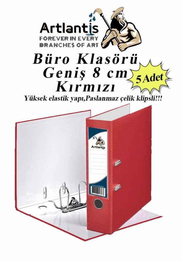 Büro Klasörü Kırmızı Geniş 5 Adet Plastik Geniş Kırmızı Klasör Halkalı Paslanmaz Çelik Klipsli 5 Adet ürün görseli 1