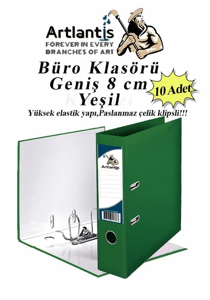 Büro Klasörü Yeşil Geniş 10 Adet Plastik Geniş Yeşil Klasör Halkalı Paslanmaz Çelik Klipsli 10 Adet ürün görseli 1