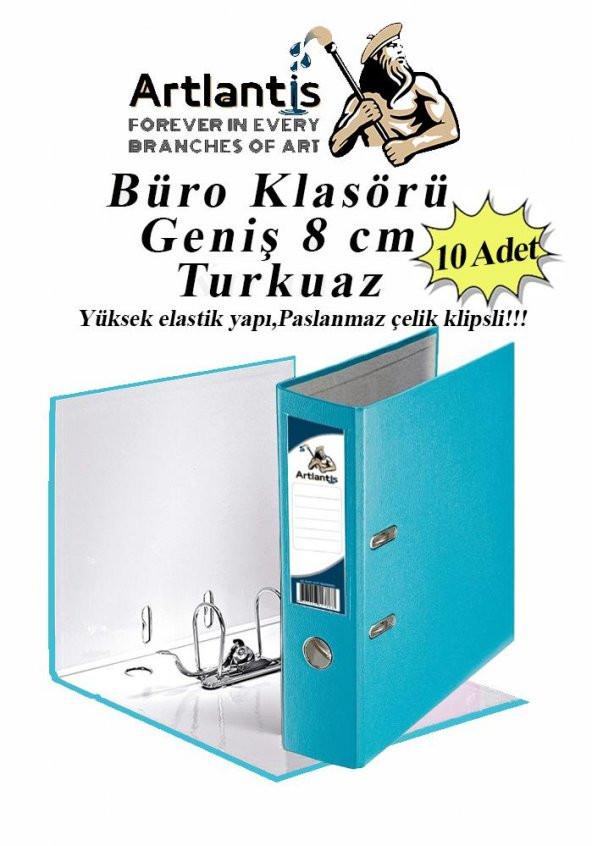 Büro Klasörü Turkuaz Geniş 10 Adet Plastik Geniş Turkuaz Klasör Halkalı Paslanmaz Çelik Klipsli 10 Adet ürün görseli 1