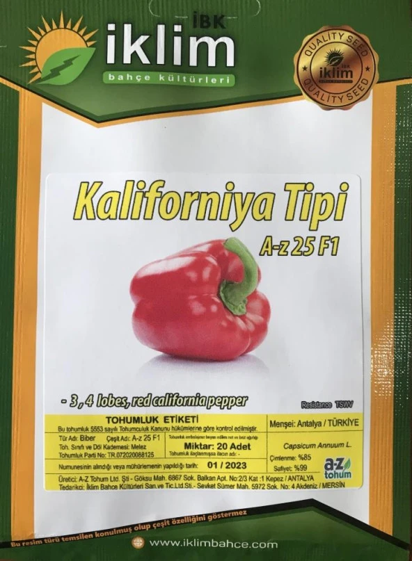 A-Z TOHUM BİBER TOHUMU A-Z 25 F1 KALİFORNİA TİPİ BİBER - 20 ADET TOHUMLUK ürün görseli 1