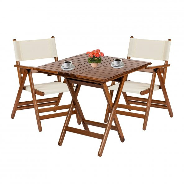 Marmaris Ahşap Bahçe Balkon Takımı: 60x60 Masa + 2 PVC Kumaşlı Sandalye Katlanır Set ürün görseli 1