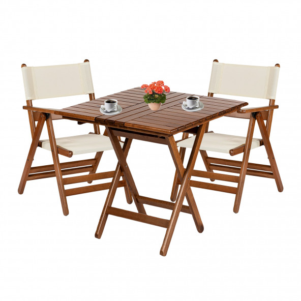 Marmaris Ahşap Bahçe Balkon Takımı: 80x80 Masa + 2 PVC Kumaşlı Sandalye Katlanır Set ürün görseli 1
