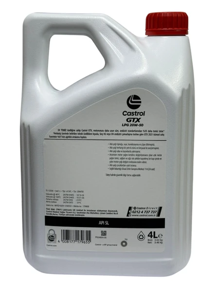 PTTAVM: Castrol GTX LPG 20W-50 4 Litre Motor Yağı - API: SP - Çift
