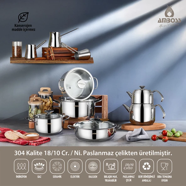 Amboss 14 Parça Cool Paslanmaz Çelik Cam Kapaklı Çeyiz Tencere Seti ürün görseli 1