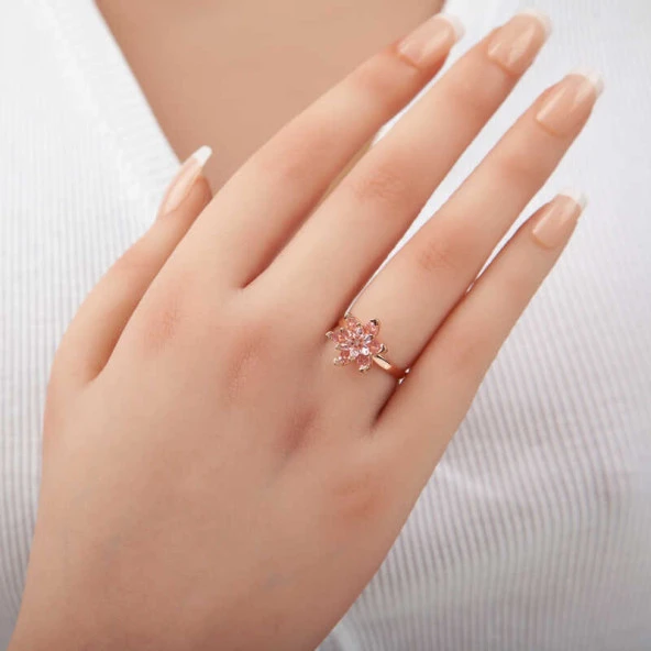 Gümüş Rose Pembe Taşlı Lotus Çiçeği Kadın Yüzük ürün görseli 1