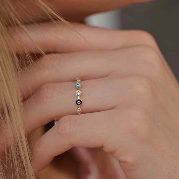 14k Altın Nazar Boncuklu Taşlı Yüzük ürün görseli 1