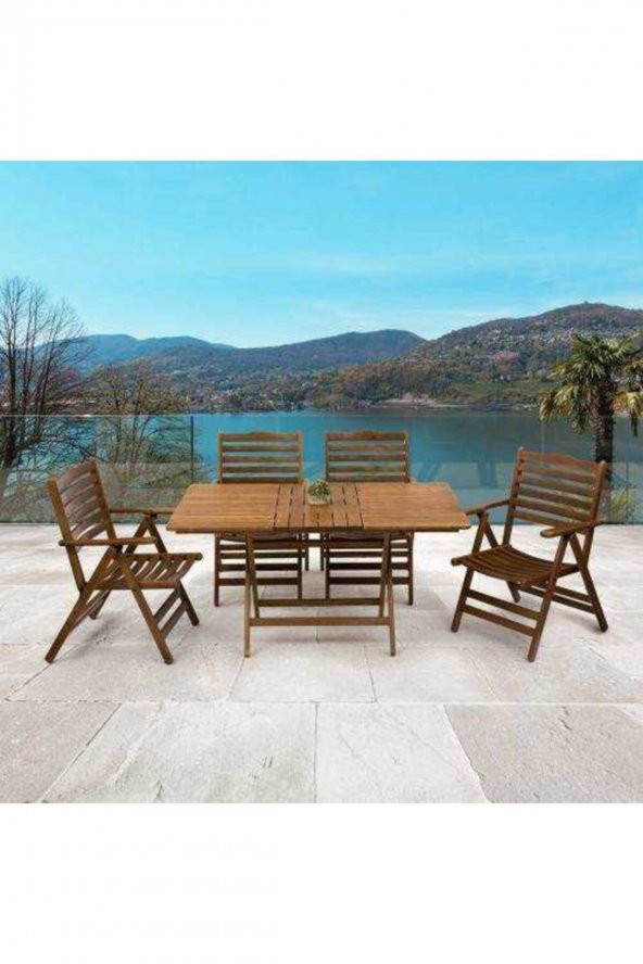Madrid Lüks Katlanır Ahşap Bahçe Balkon Takımı: 80x120 Masa + 4 Sandalye Set ürün görseli 1