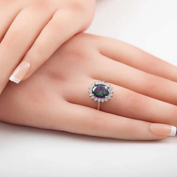 Gümüş Mistik Topaz Taşlı Oval Kadın Yüzük ürün görseli 1
