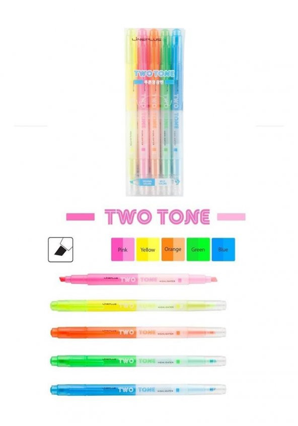 Fosforlu Kalem 5 Renk Şeffaf Two Tone 1 Paket İşaret Kalemi 5 li Sarı Pembe Turuncu Yeşil Mavi ürün görseli 1