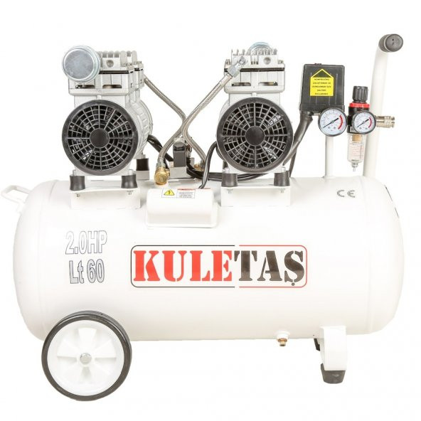 Kuletaş 2 HP 8 Bar 60 LT Süper Sessiz Yağsız Çift Motor Dişçi Kompresörü ürün görseli 1