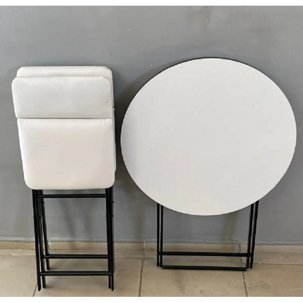 Masa Sandalye Katlanır Bistro Takımı 60cm Beyaz Masa Beyaz Suni Deri Sandalye ürün görseli 1