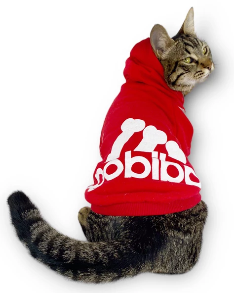 Kırmızı Adidog Kapşonlu Kedi Sweatshirt Kedi Kazağı Duo ürün görseli 1