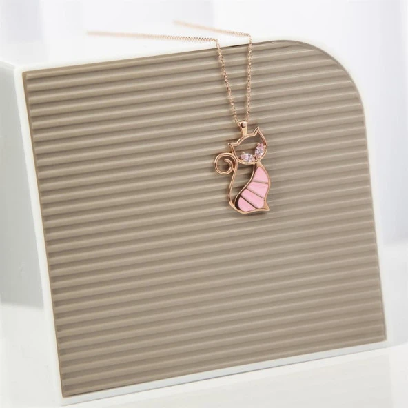 Pembe Kedi Modeli Rodyum Kaplama 925 Gümüş Kadın Kolye ürün görseli 1