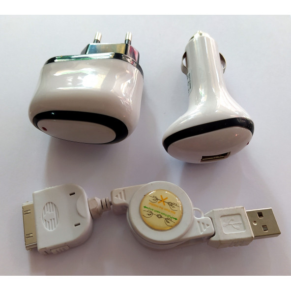 iPhone 4 4S ipod 1 2 şarj set Data Kablosu Araç şarj Priz Başlık ürün görseli 1