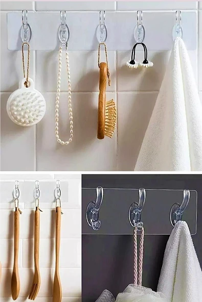5 Kancalı Şeffaf Yapışkanlı Organizer Askı Mutfak Banyo Duvar Düzenleyici 35 cm ürün görseli 1