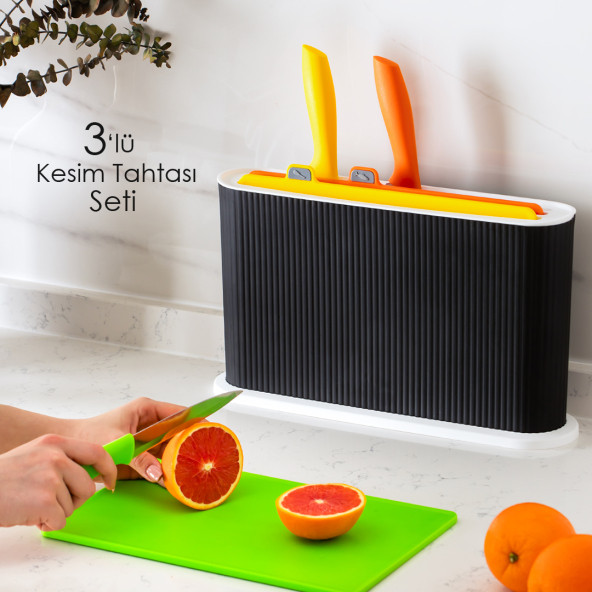 Porsima 1075 3 Bıçaklı Siyah-Beyaz Standlı Çoklu Kesme Tahtası Seti - Plastik Kırmızı Et Balık Sebze Beyaz Et ürün görseli 1