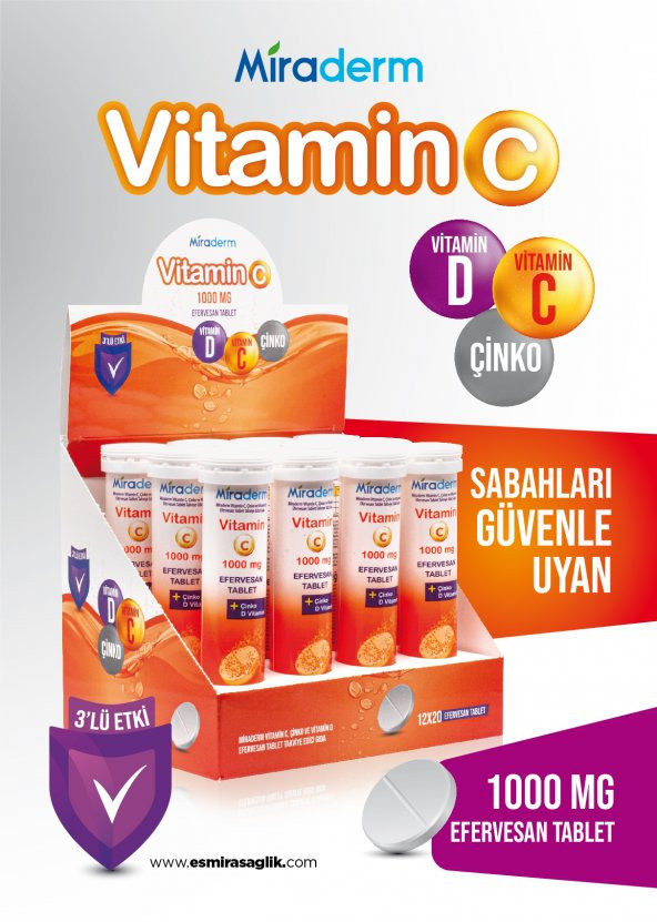 Miraderm  C VİTAMİNİ 3 LÜ ETKİ 1000 MG 20 EFERVESAN ürün görseli 1