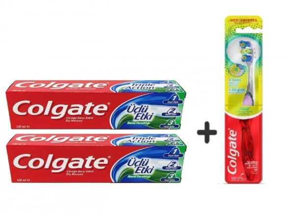 Colgate Üçlü Etki Diş Macunu 2lİ Paket 100 Ml + 1 Adet 360 Gelişmiş 4 Yönlü Diş Fırçası ürün görseli 1