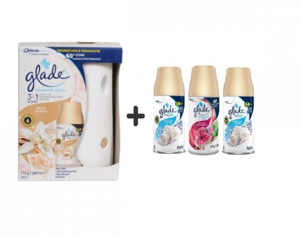 Glade Otomatik Sprey+ İpeksi Vanilya +Temiz Çarşaf Ferahlı x Meyve&çiçek x Temiz Çarşaf Ferahlı 3x269ml ürün görseli 1