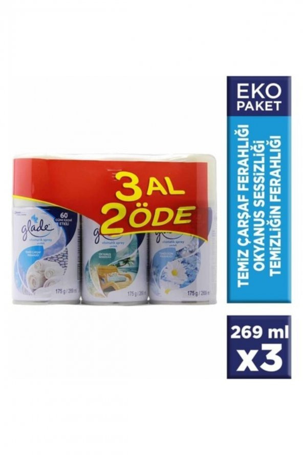 Otomatik Yedek Sprey Temiz Çarşaf Ferahlığı + Okyanus Sessizliği + Temizliğin Ferahlığı 3x269 Ml ürün görseli 1