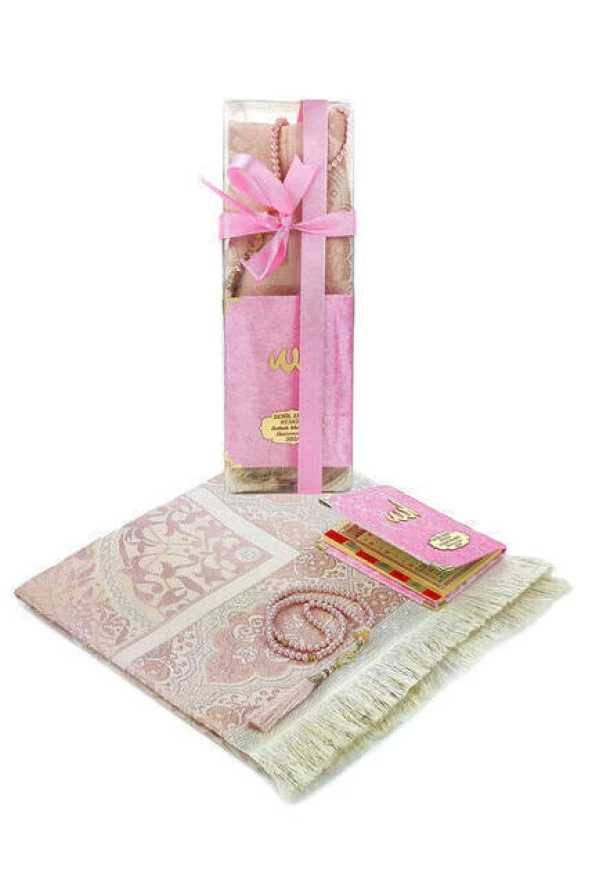 İsim Baskılı Kadife Kaplı Yasin Seccade Tesbih Kutulu Set Pembe ürün görseli 1
