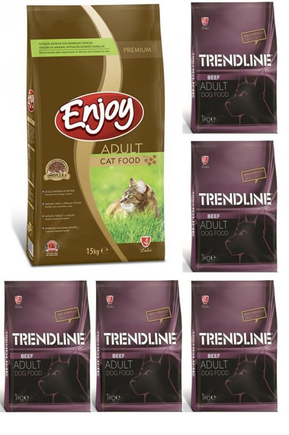Enjoy Tavuklu Yetişkin Kedi Maması 15 Kg & Trendline Biftekli Yetişkin Köpek Maması 1 Kg x 5 adet ürün görseli 1
