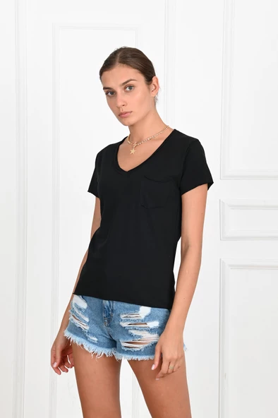 Kadın Basic Cepli Tshirt 8328 - Resim 4
