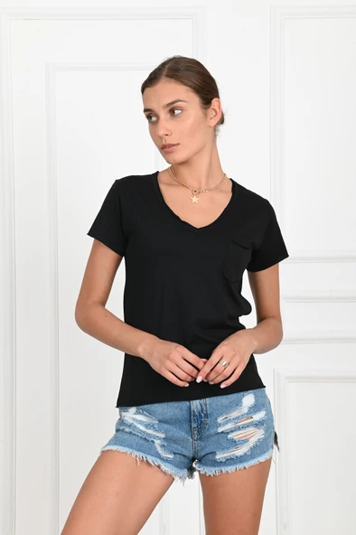 Kadın Basic Cepli Tshirt 8328 - Resim 6