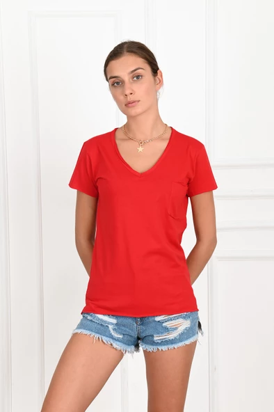 Kadın Basic Cepli Tshirt 8328 - Resim 9
