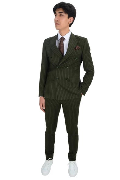 Cengiz İnler Dik Nokta Çizgili Kruvaze Slim Fit Erkek Takım Elbise ürün görseli 1